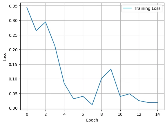 15 epoch 동안 전반적으로 감소한 CNN training loss