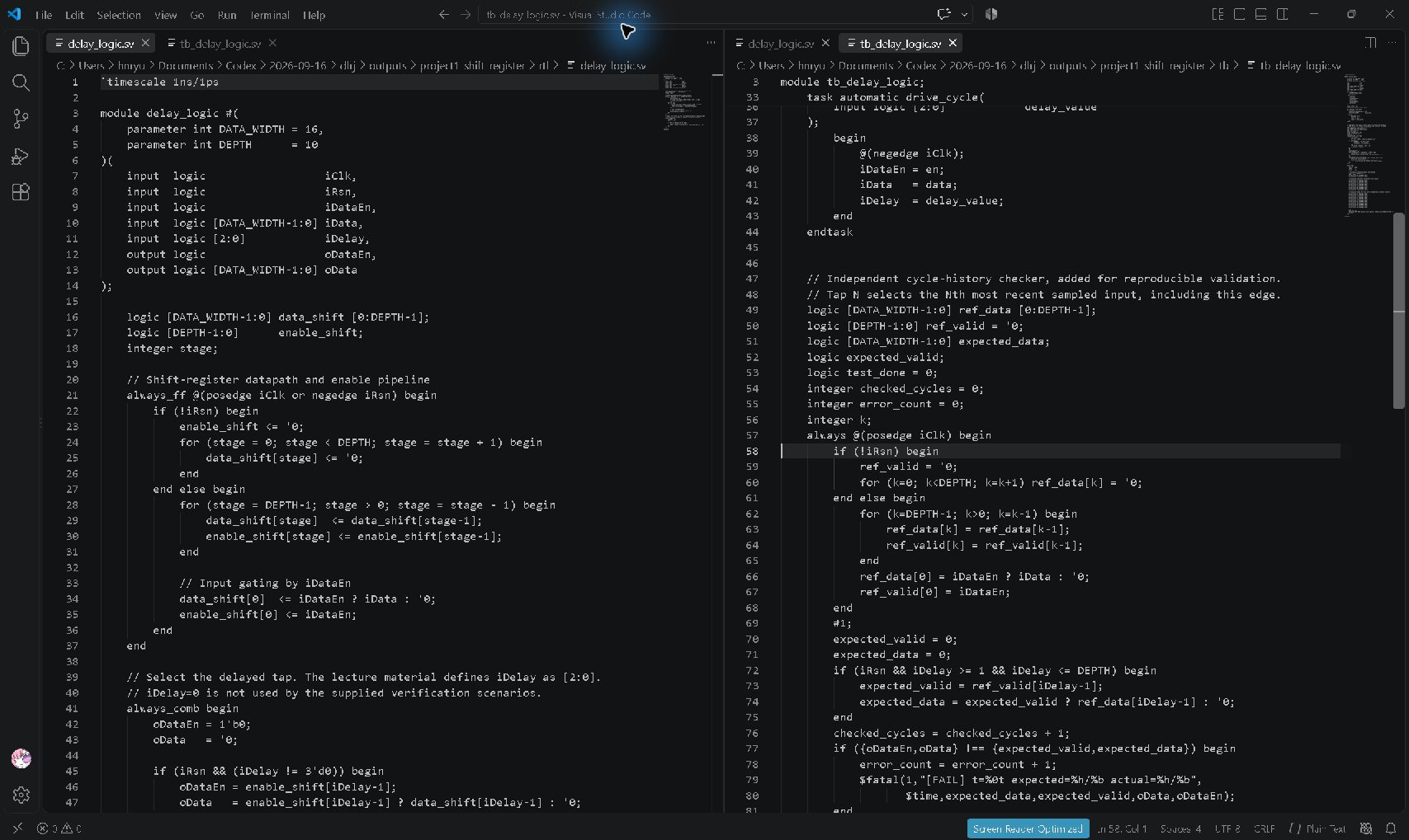 Project 1 — Actual VS Code RTL and testbench