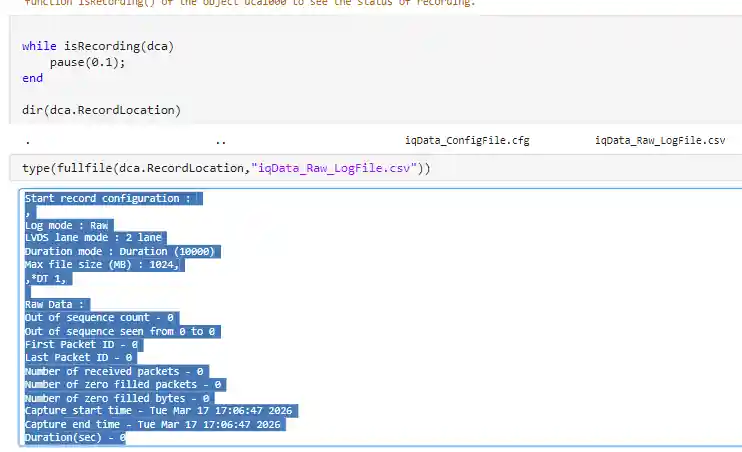 DCA1000 raw capture log에서 수신 packet 수가 0으로 기록된 화면