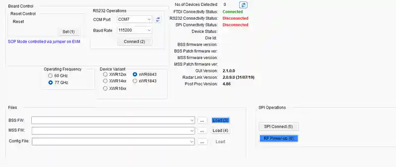 mmWave Studio connection tab에서 COM7과 115200 baud를 선택했지만 device 0개와 RS232 SPI disconnected가 나타난 화면