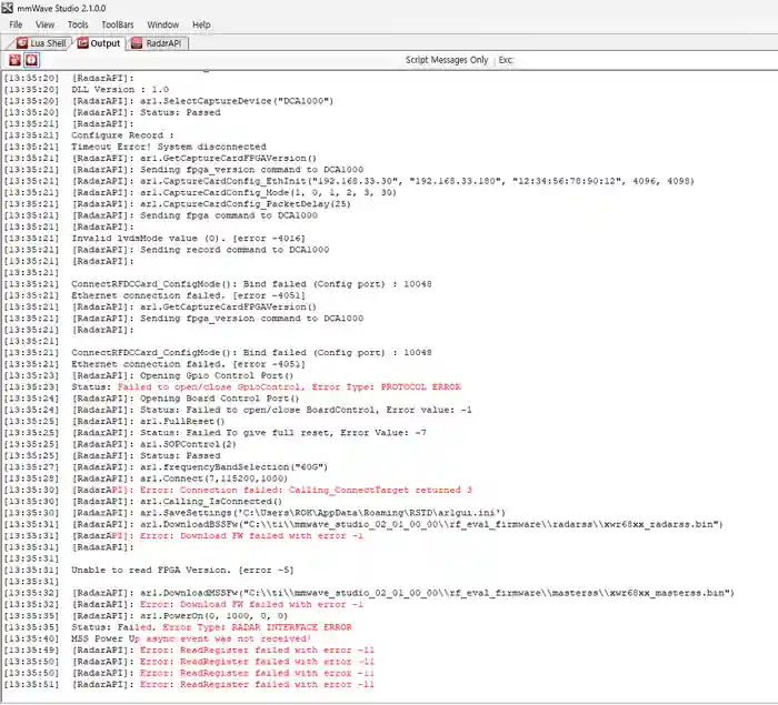 mmWave Studio 전체 log에 DCA1000 timeout, invalid lvdsMode, config port bind, board control, firmware download, ReadRegister 오류가 연속 출력된 화면