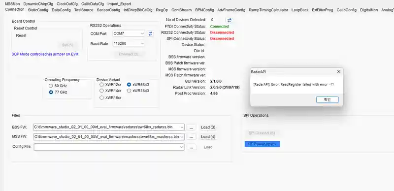 mmWave Studio RF Power-up에서 ReadRegister failed error -11이 발생한 화면