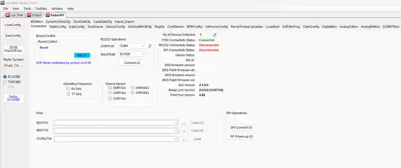 mmWave Studio에서 FTDI는 연결됐지만 RS232와 SPI는 끊기고 device가 0개로 표시된 화면