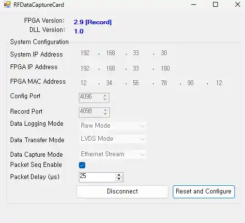 RFDataCaptureCard에서 system IP 192.168.33.30 FPGA IP 192.168.33.180 config port 4096 record port 4098을 설정한 화면