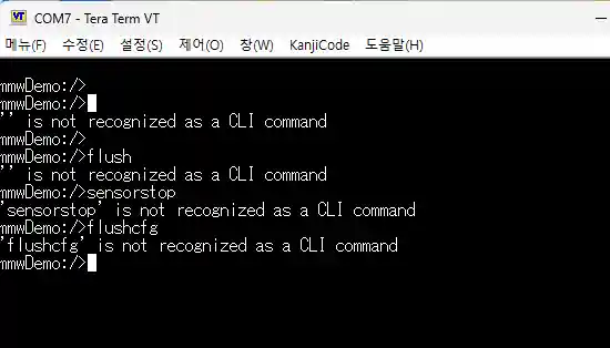 Tera Term COM7에서 mmwDemo prompt와 여러 CLI command 인식 실패가 반복된 화면