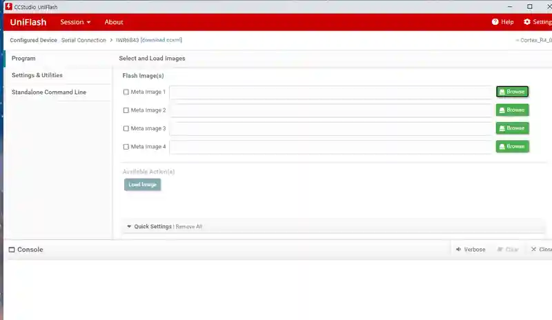UniFlash IWR6843 program page에서 meta image slot을 선택하기 전 화면