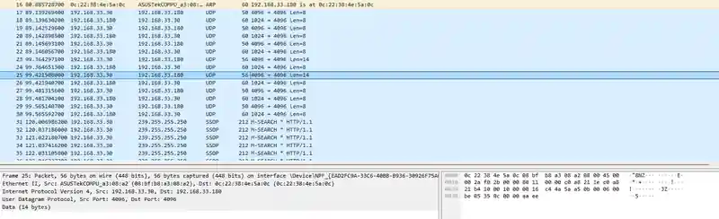 PC와 DCA1000EVM 사이 UDP 4096과 1024 packet이 양방향으로 나타난 Wireshark 화면