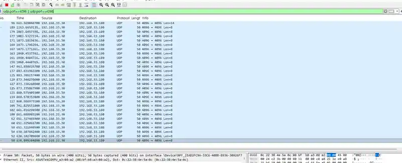 192.168.33.30에서 192.168.33.180 UDP 4096으로 향하는 짧은 제어 packet을 필터링한 Wireshark 화면
