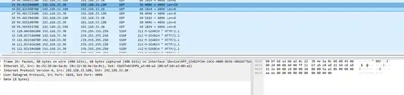 192.168.33.180의 UDP 1024에서 PC UDP 4096으로 돌아온 8 byte data를 확대한 Wireshark 화면