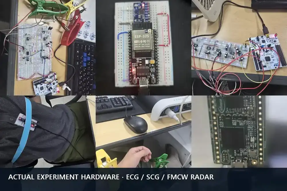 ECG, SCG와 BGT60TR13C FMCW Radar를 동시 취득한 실제 하드웨어 구성