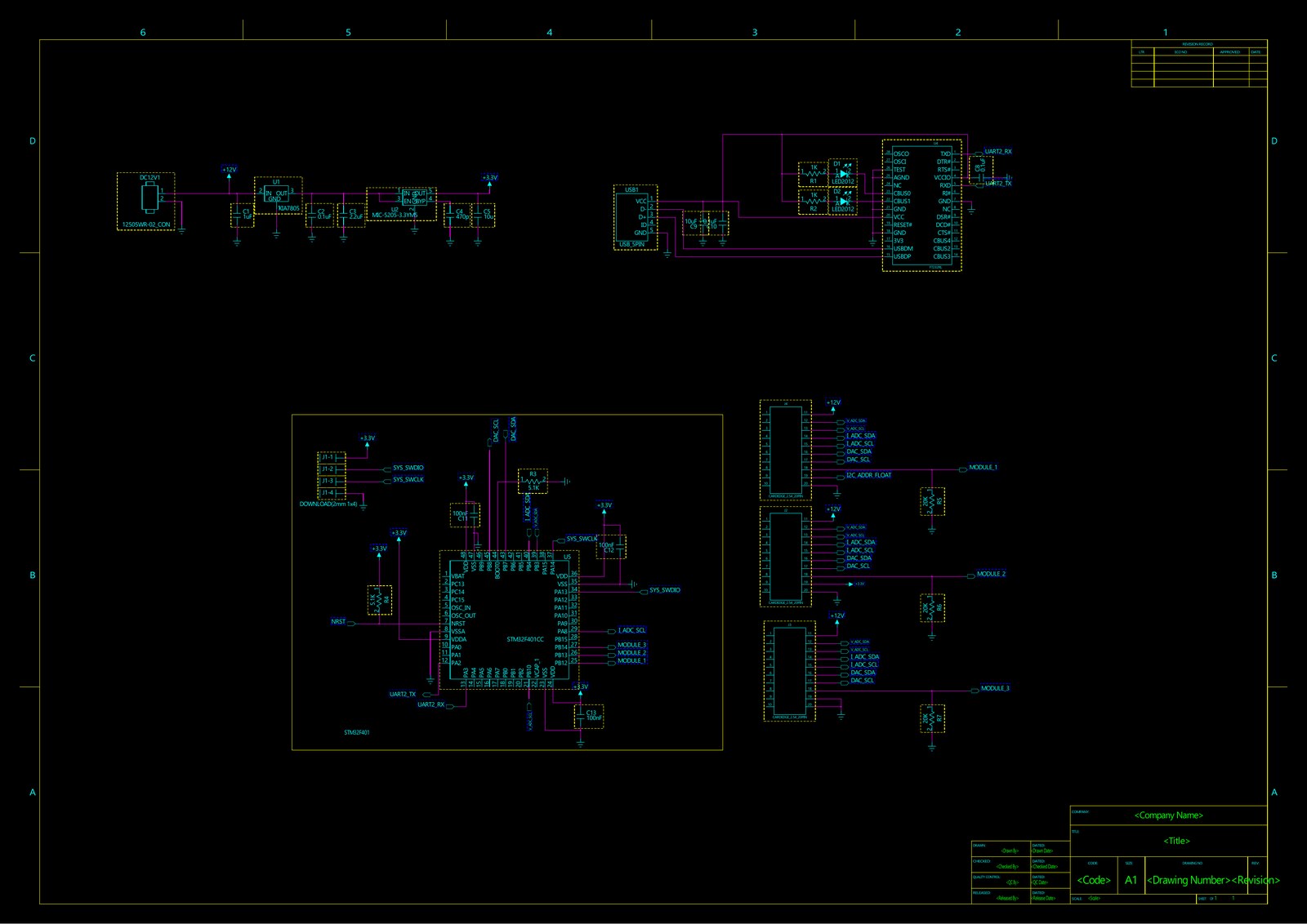 STM32F401과 전원, USB UART, 세 개 측정 모듈 커넥터로 구성한 Solar Cell 메인보드 회로도