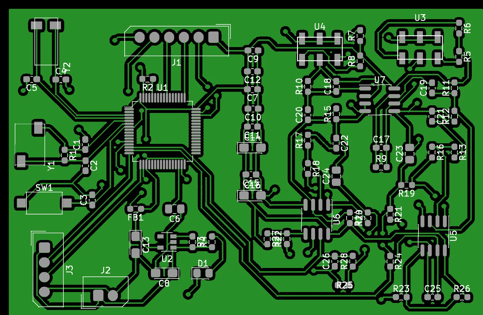 STM32F411과 PPG analog front-end가 배치된 2-layer PCB 앞면