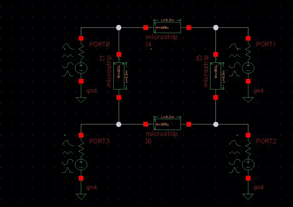 네 개 port와 서로 다른 폭의 수평·수직 microstrip으로 구성한 branch-line hybrid 회로