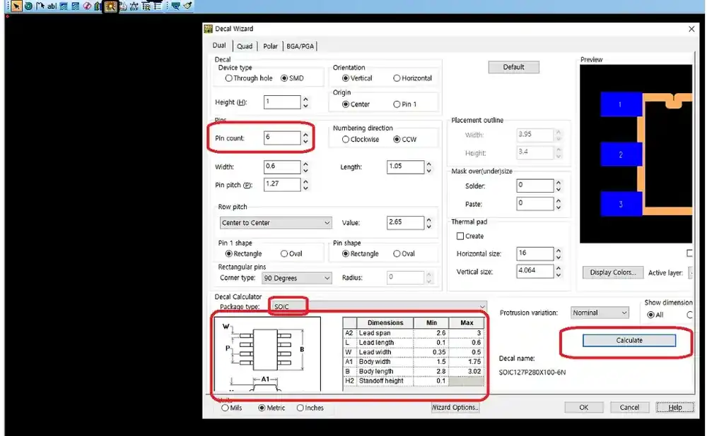 치수 확인 영역이 표시된 PADS Decal Wizard 화면